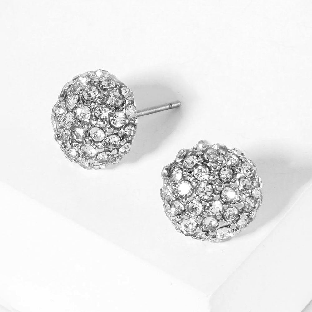 Clear, Rhodium Crystal Pave Round Dome Stud Earrings