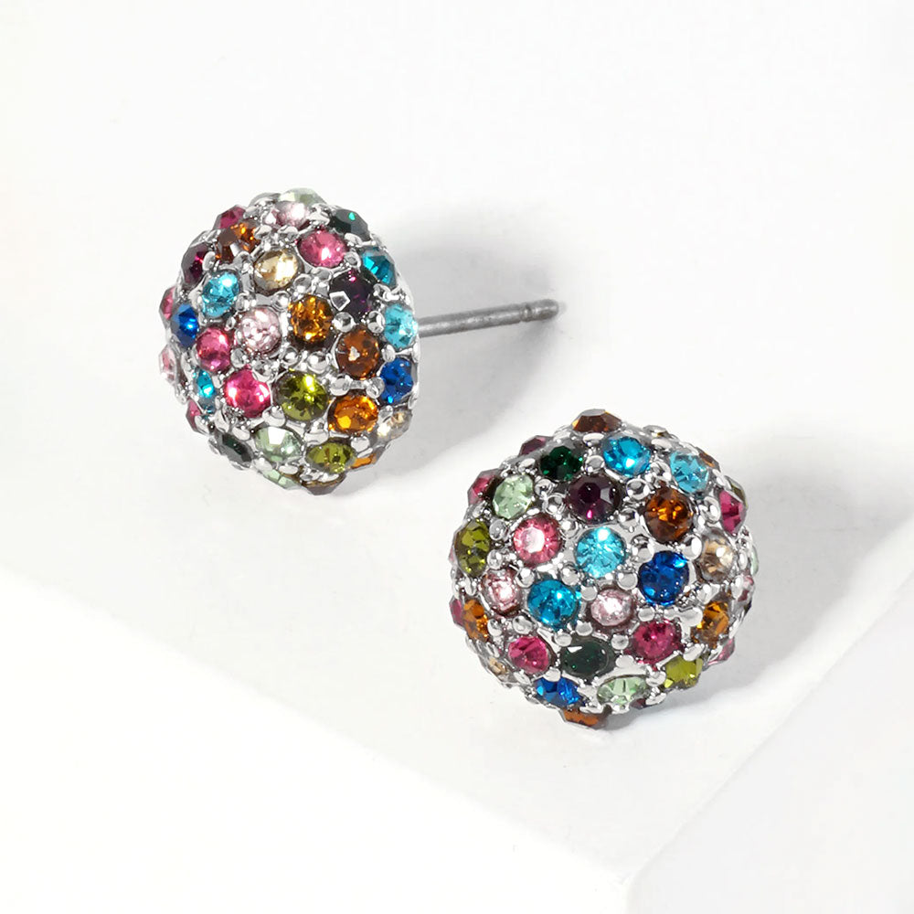 Multi, Rhodium Crystal PaveD Round Dome Stud Earrings