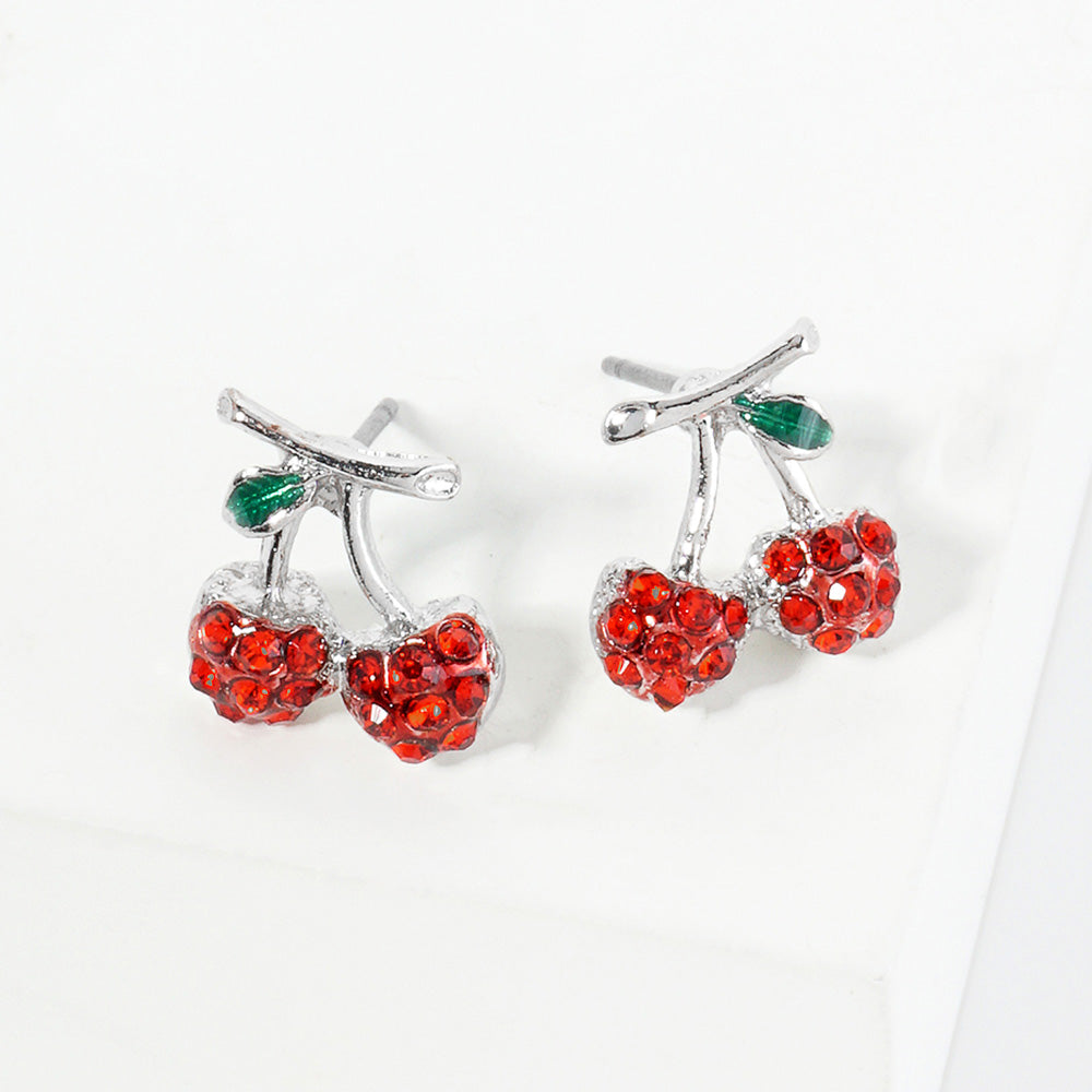 Rhodium, Siam Rhinestone Pave Cherry Stud Earrings
