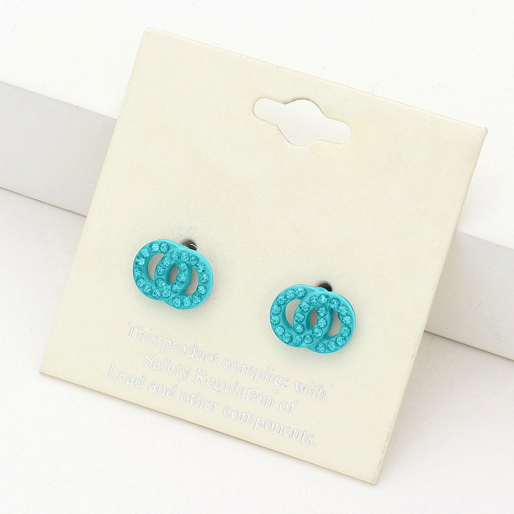 Madeline Love Blue Zircon, Teal Rhinestone Embellished Double Open Circle Link Stud Earrings