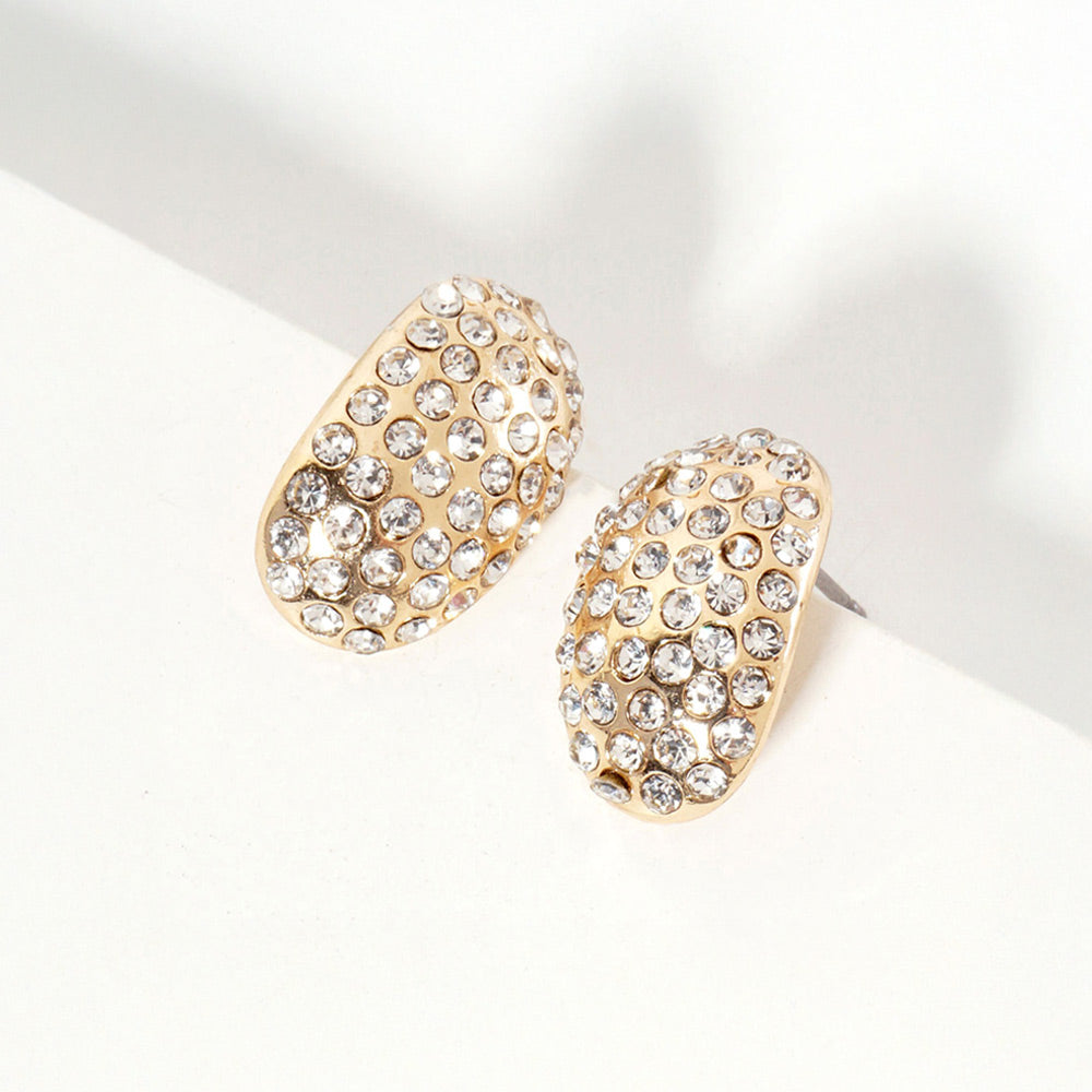 Clear, Gold Crystal Paved Curved Oval Stud Earrings
