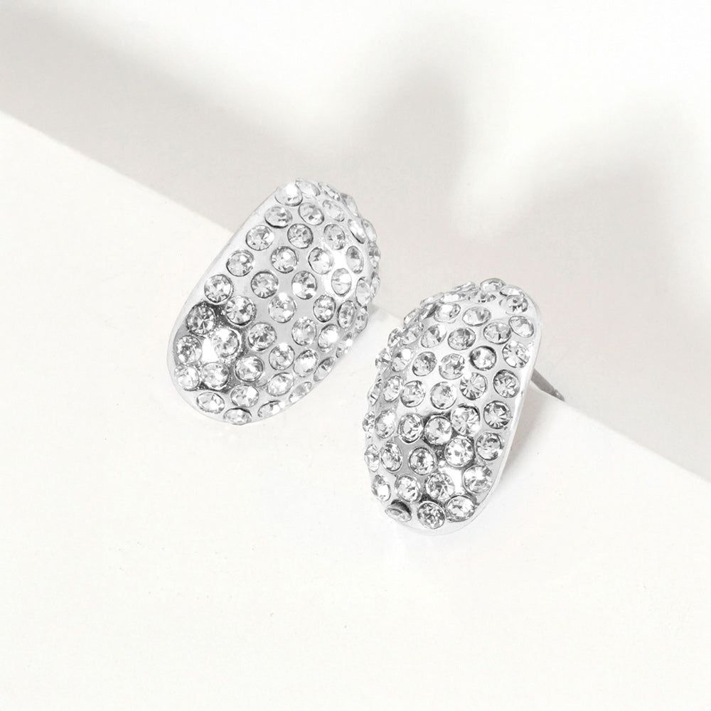 Clear, Rhodium Crystal Paved Curved Oval Stud Earrings