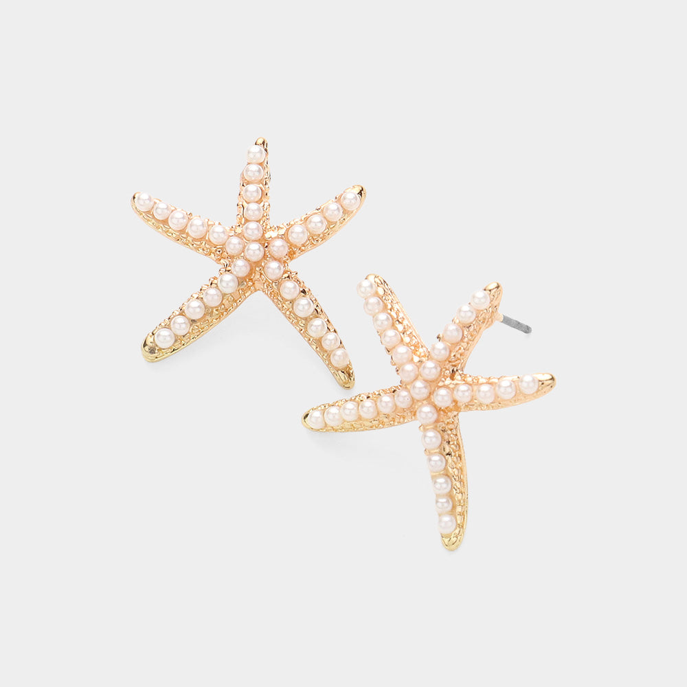 Madeline Love Gold, White Pearl Paved Starfish Stud Earrings