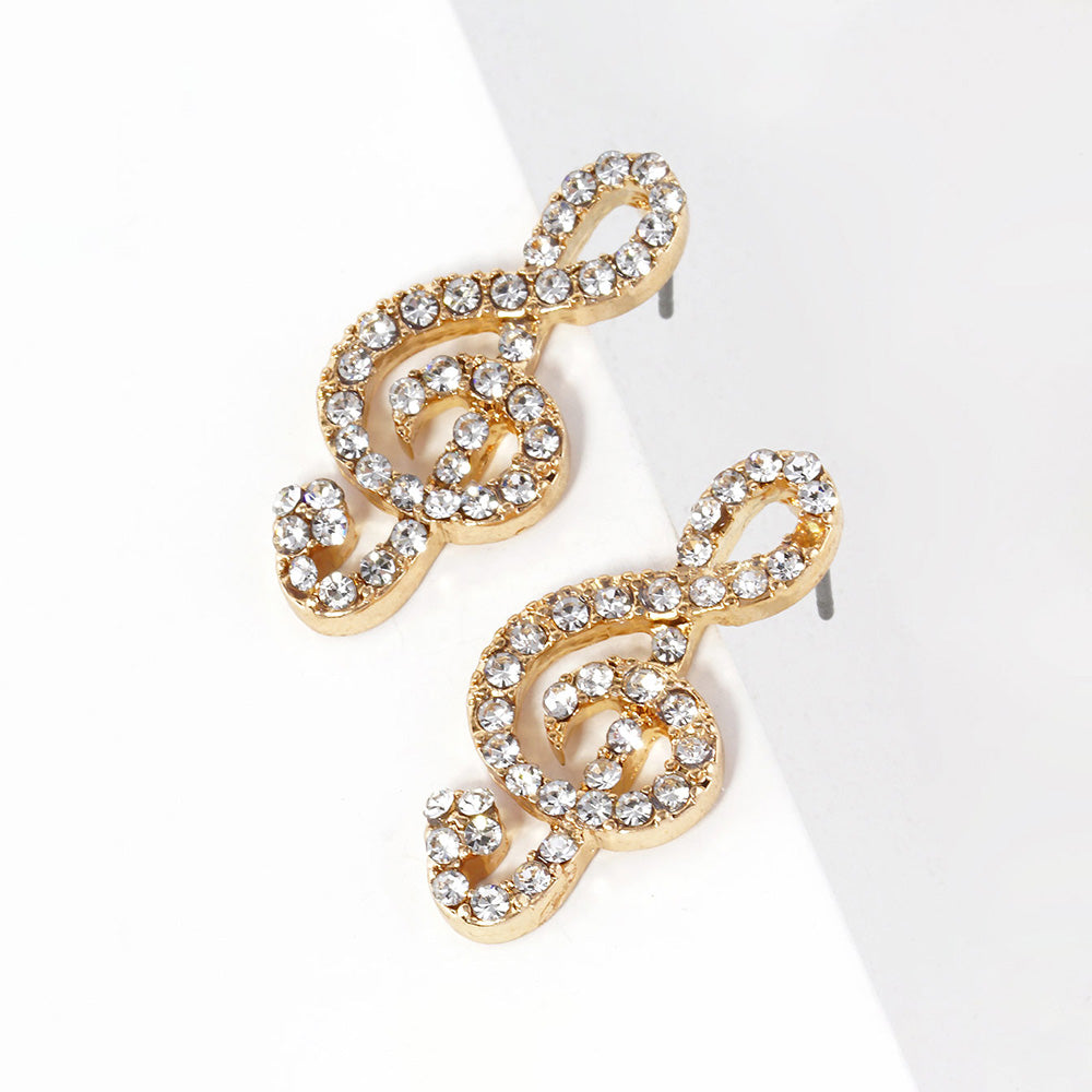 Clear, Gold Crystal Paved Treble Clef Stud Earrings