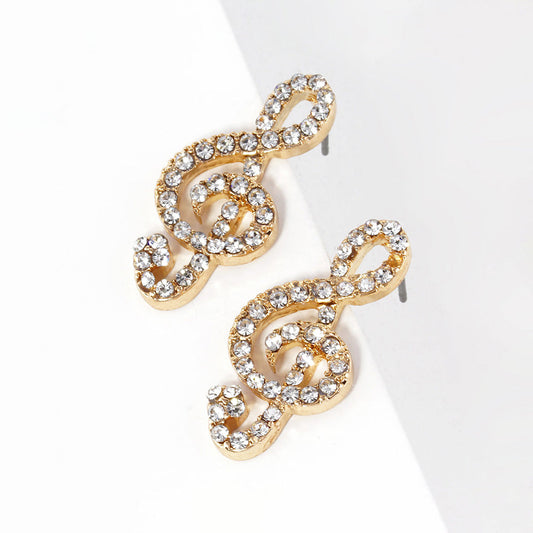 Clear, Gold Crystal Paved Treble Clef Stud Earrings