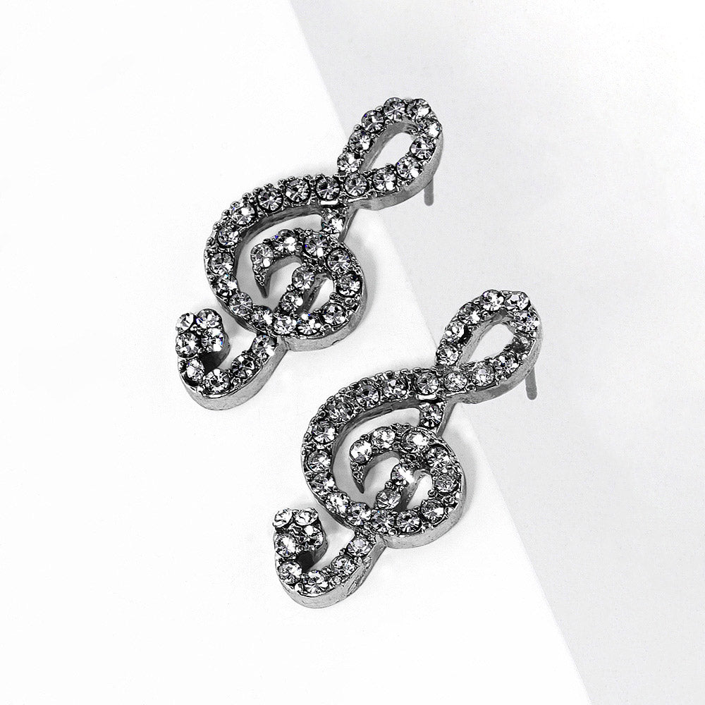Hematite Crystal Paved Treble Clef Stud Earrings