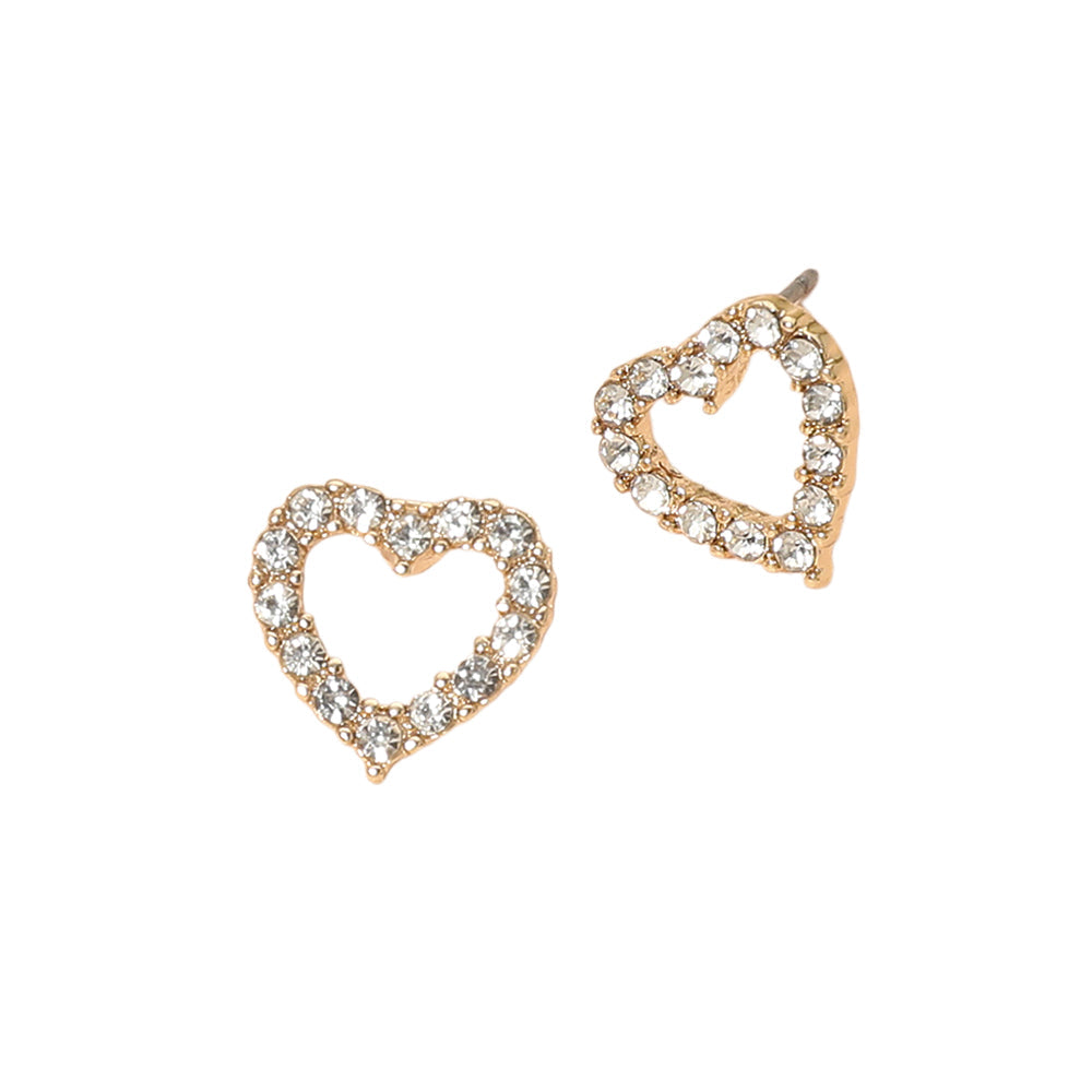 Madeline Love Clear, Gold Stone Pave Open Heart Stud Earrings - desc