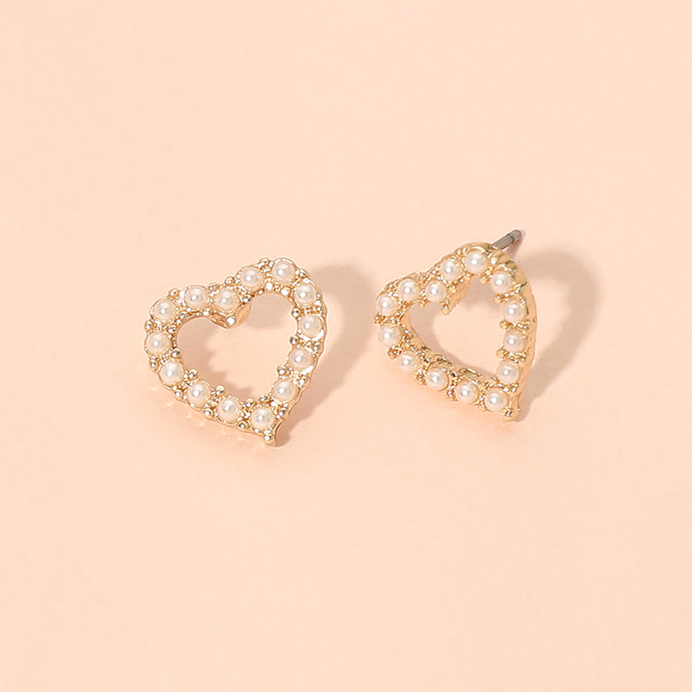 Madeline Love Cream, Gold Pearl Pave Open Heart Stud Earrings