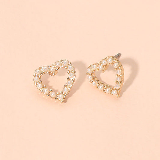 Madeline Love Cream, Gold Pearl Pave Open Heart Stud Earrings