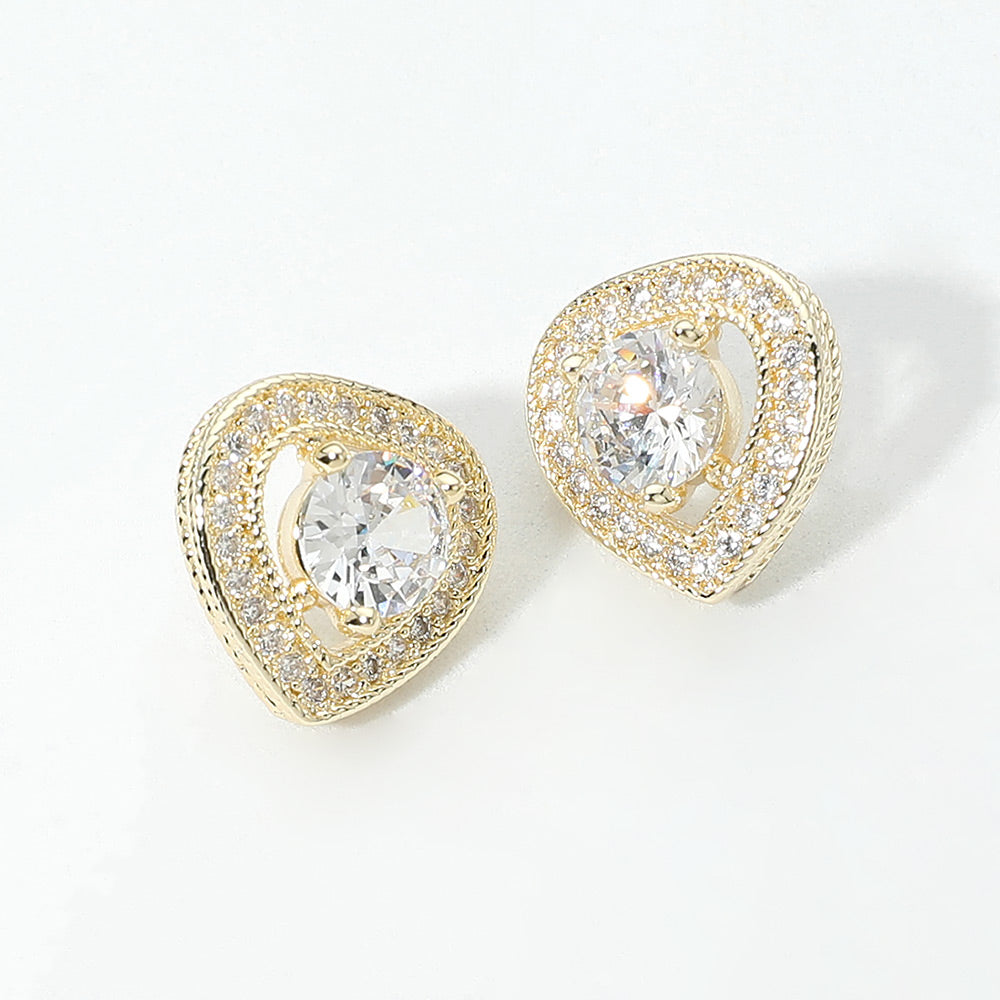 Madeline Love Clear, Gold 14K Gold Plated Halo CZ Heart Stud Earrings