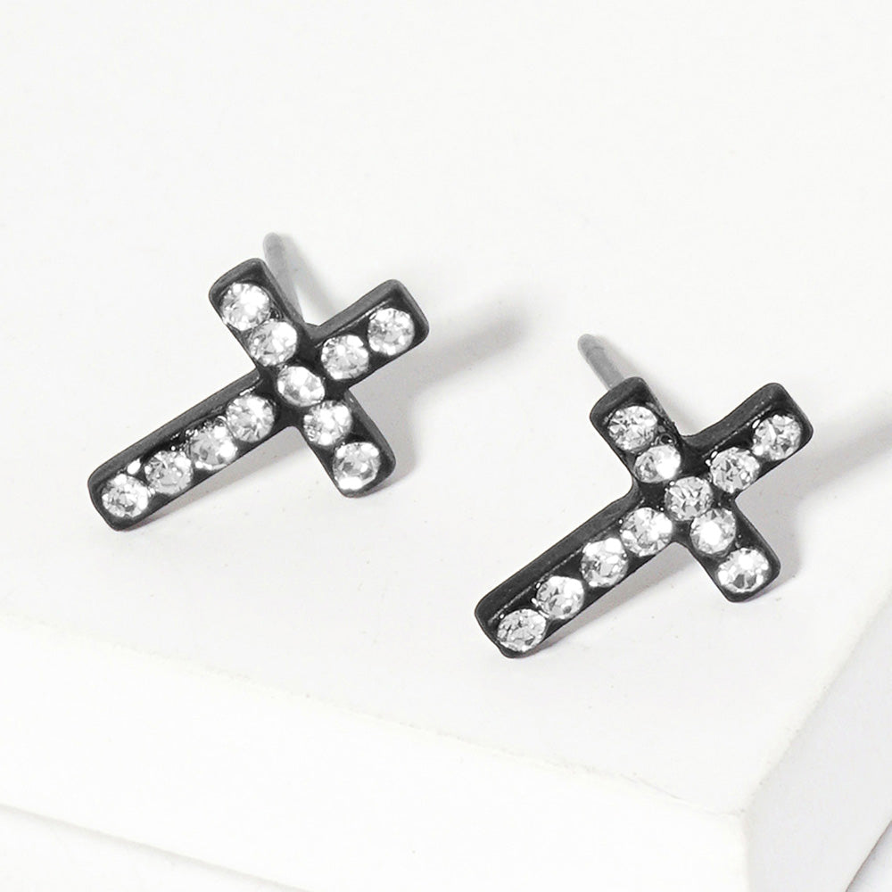 Black, Clear Crystal Cross Stud Earrings