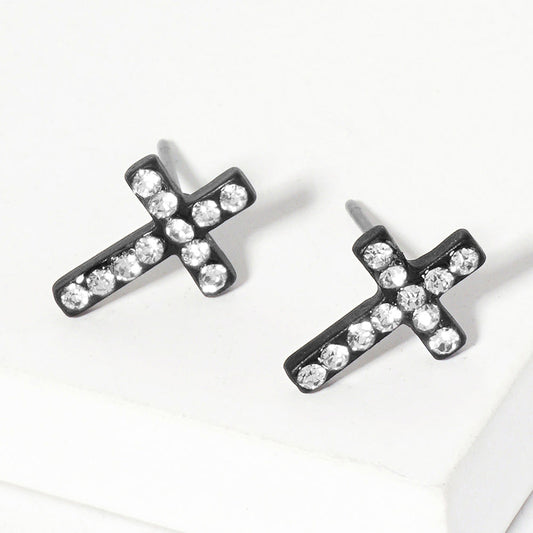 Black, Clear Crystal Cross Stud Earrings