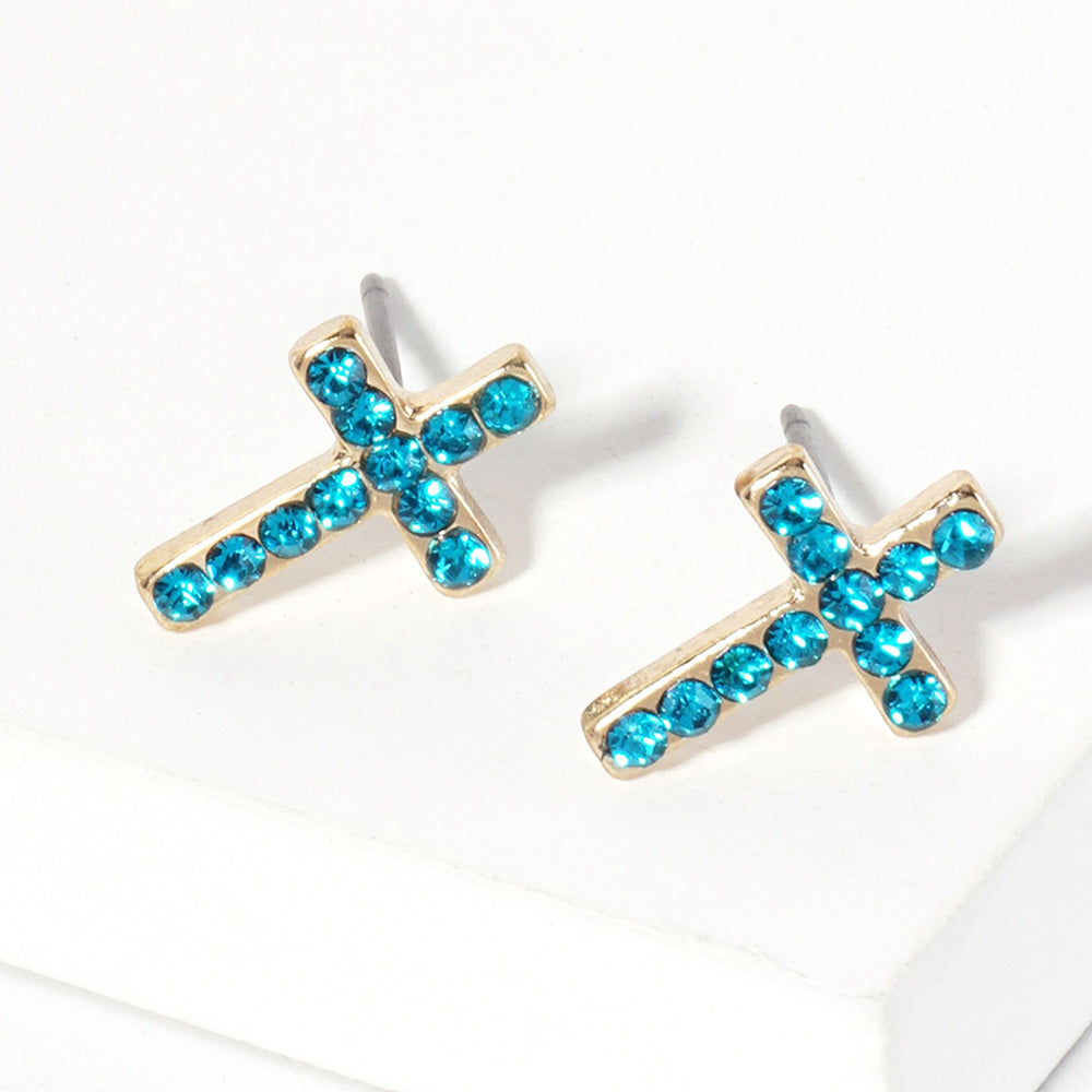 Blue Zircon Crystal Cross Stud Earrings