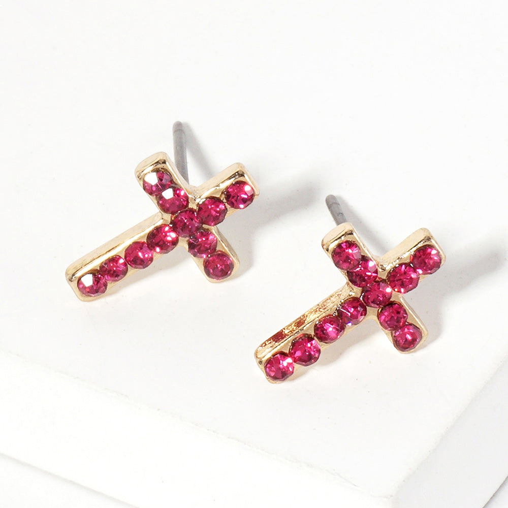 Fuchsia Crystal Cross Stud Earrings