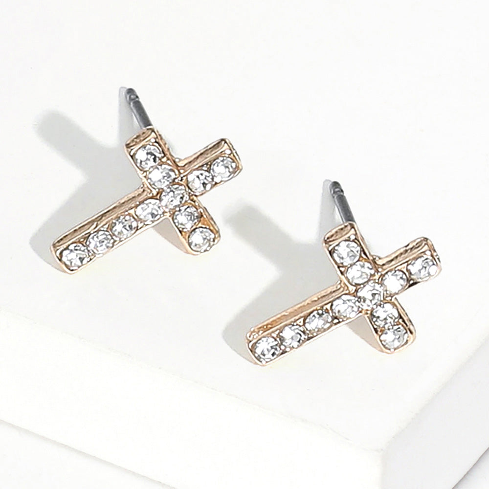 Clear, Gold Crystal Cross Stud Earrings