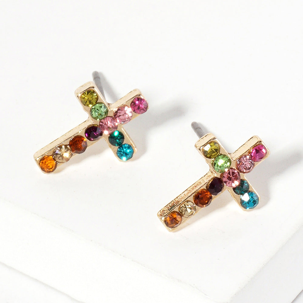 Gold, Multi Crystal Cross Stud Earrings