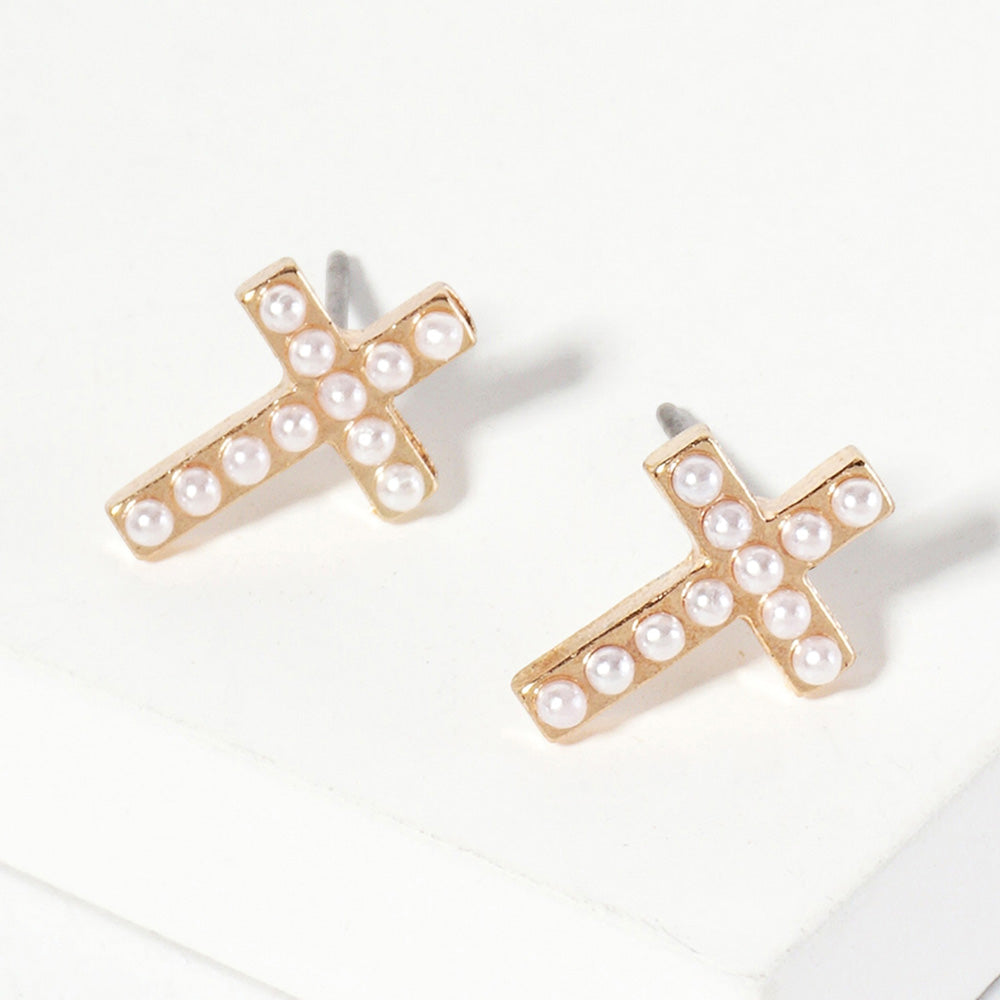 Madeline Love Gold, White Pearl Cross Stud Earrings