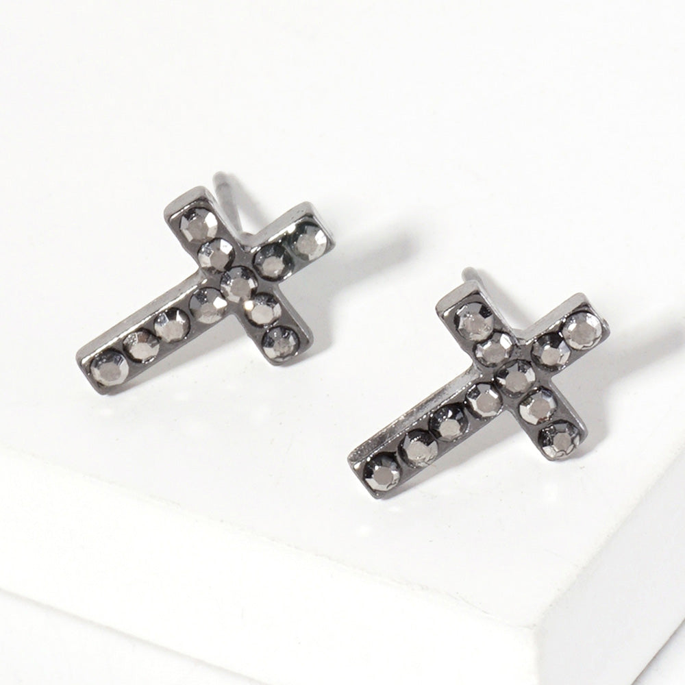 Hematite Crystal Cross Stud Earrings