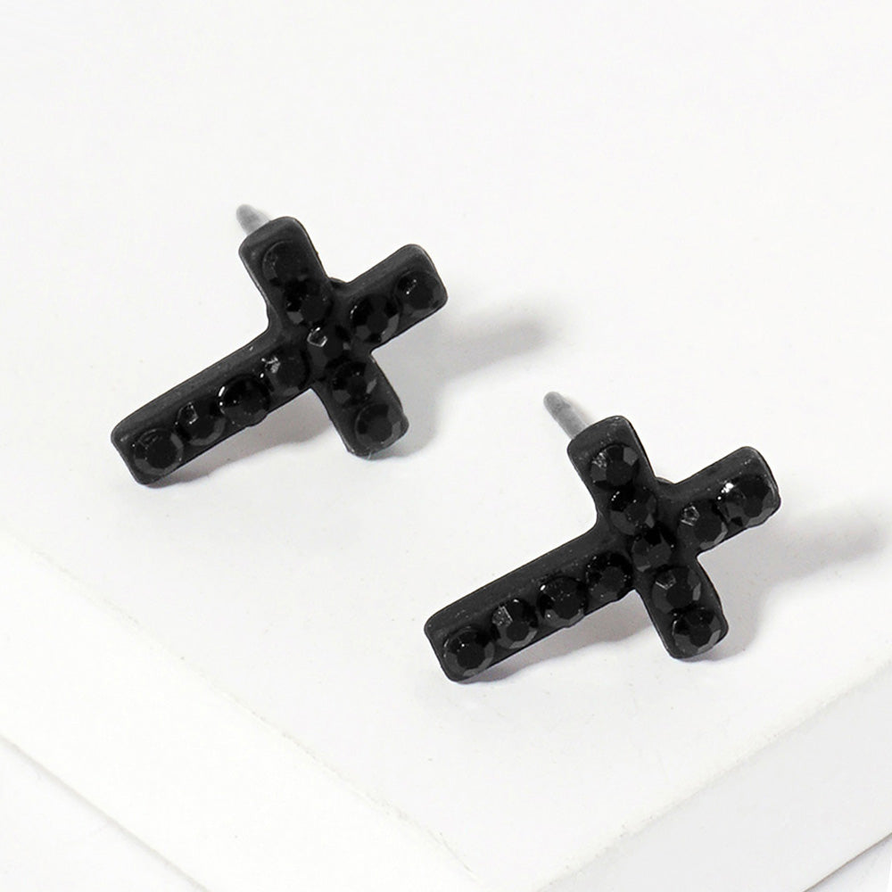 Jet Black Crystal Cross Stud Earrings