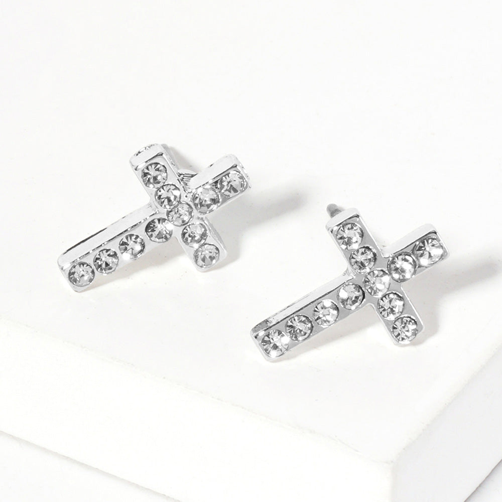 Clear, Rhodium Crystal Cross Stud Earrings