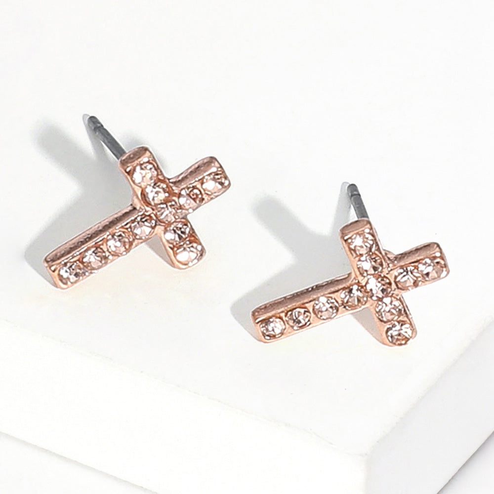 Peach, Rose Gold Crystal Cross Stud Earrings