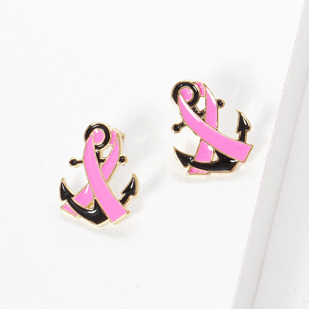 Madeline Love Gold, Pink Gold Dipped Enamel Anchor Pink Ribbon Stud Earrings