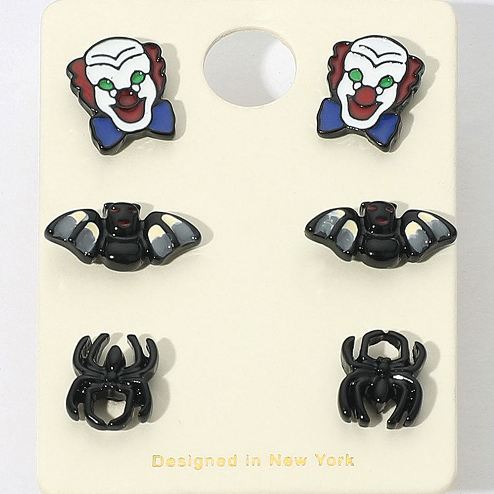 Madeline Love Black, Multi 3Pairs - Halloween Clown Bat Spider Stud Earring Set - Earrings