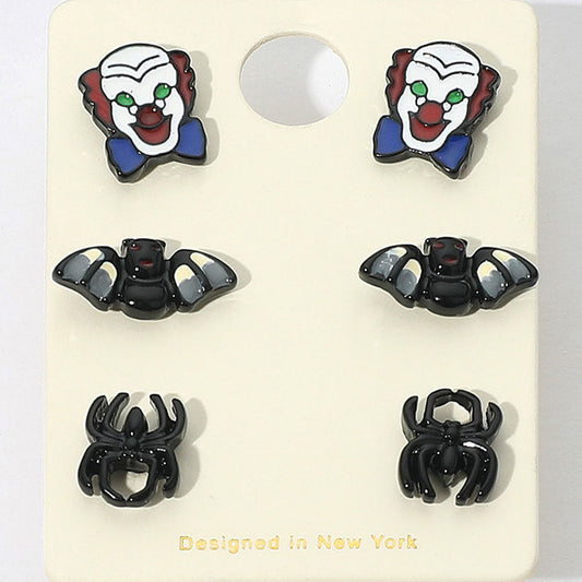 Madeline Love Black, Multi 3Pairs - Halloween Clown Bat Spider Stud Earring Set - Earrings