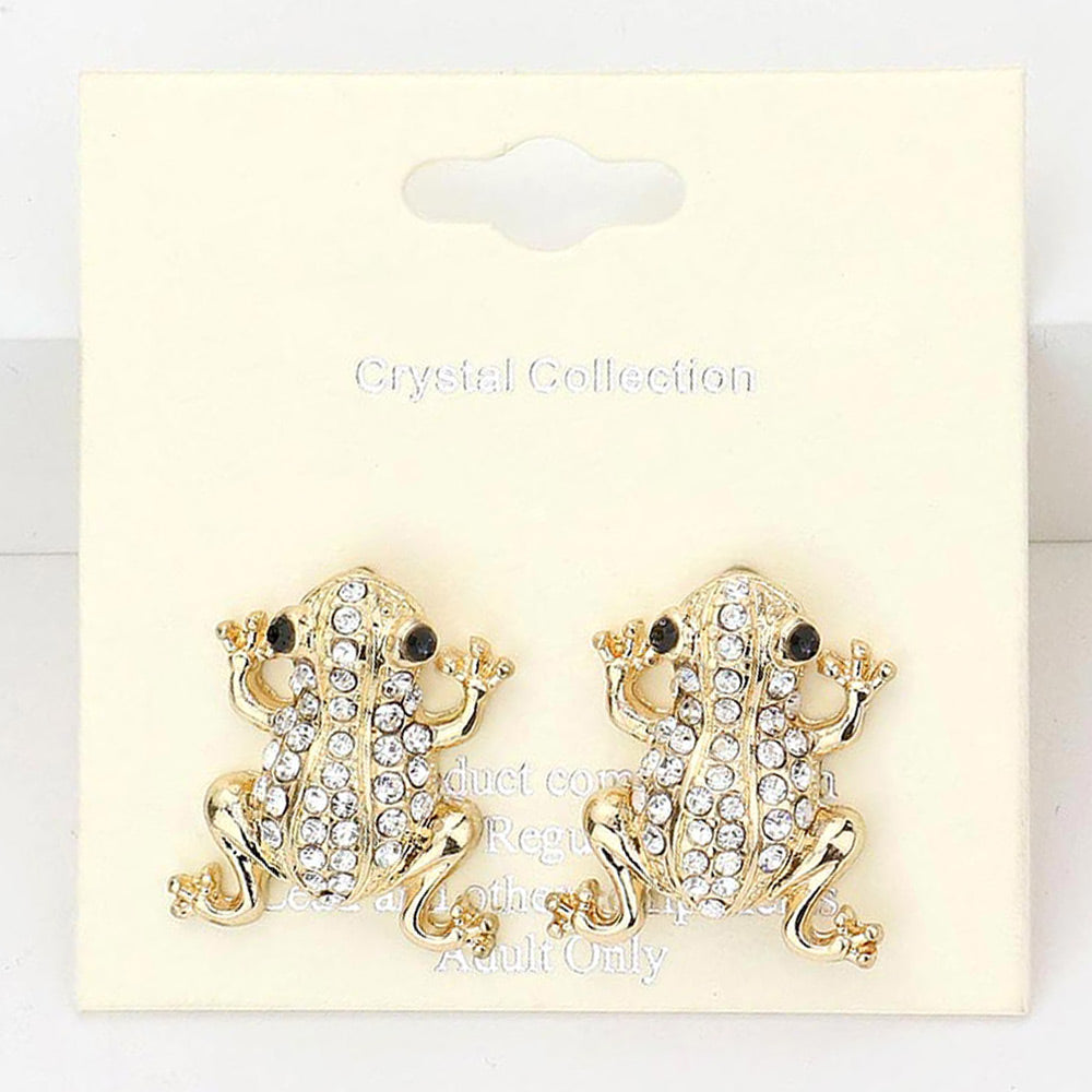 Madeline Love Clear, Gold Crystal Pave Frog Stud Earrings