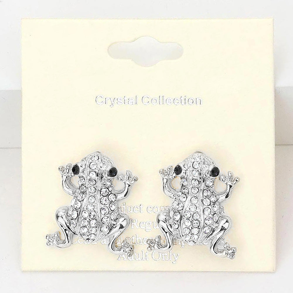 Madeline Love Clear, Rhodium Crystal Pave Frog Stud Earrings