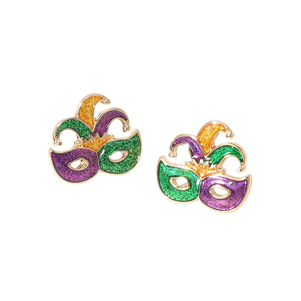 Madeline Love Gold Mardi Gras Jester Mask Stud Earrings - desc