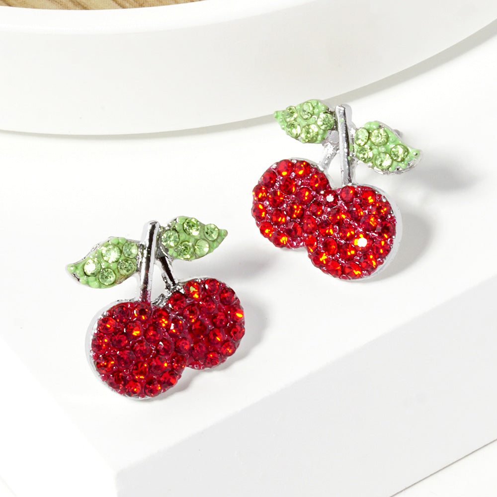 Rhodium, Siam Crystal Stone Paved Cherry Stud Earrings
