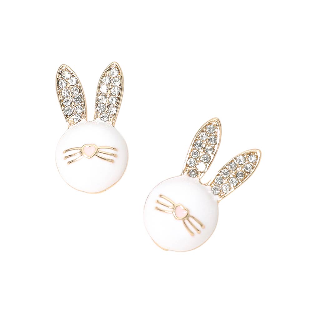 Madeline Love Clear, Gold Rhinestone Pave Easter Bunny Face Stud Earrings - desc