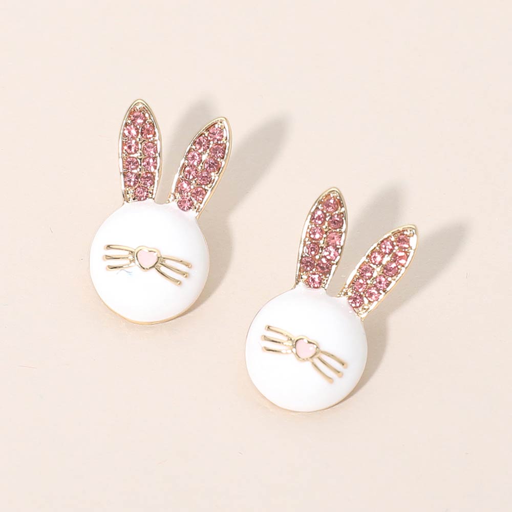 Madeline Love Gold, Pink Rhinestone Pave Easter Bunny Face Stud Earrings