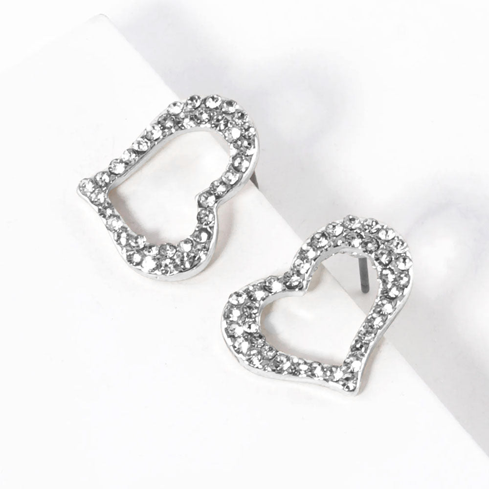 Madeline Love Clear, Rhodium Crystal Heart Cutout Stud Earrings