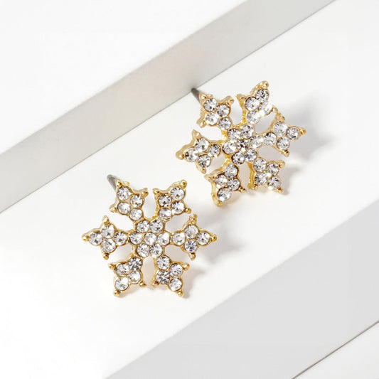 Clear Gold, Crystal Paved Snowflake Stud Earrings