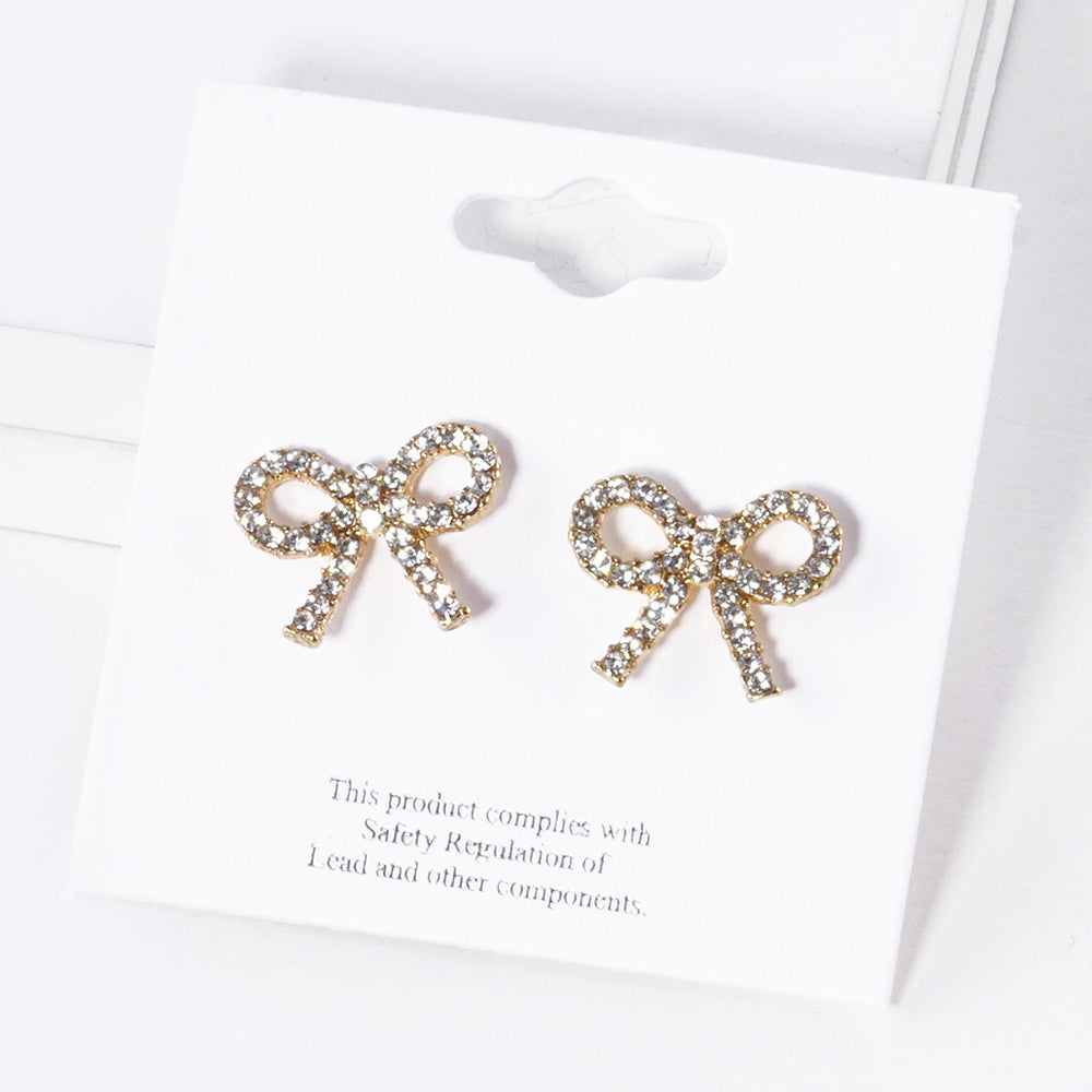 Gold Crystal Stone Studded Ribbon Stud Earrings