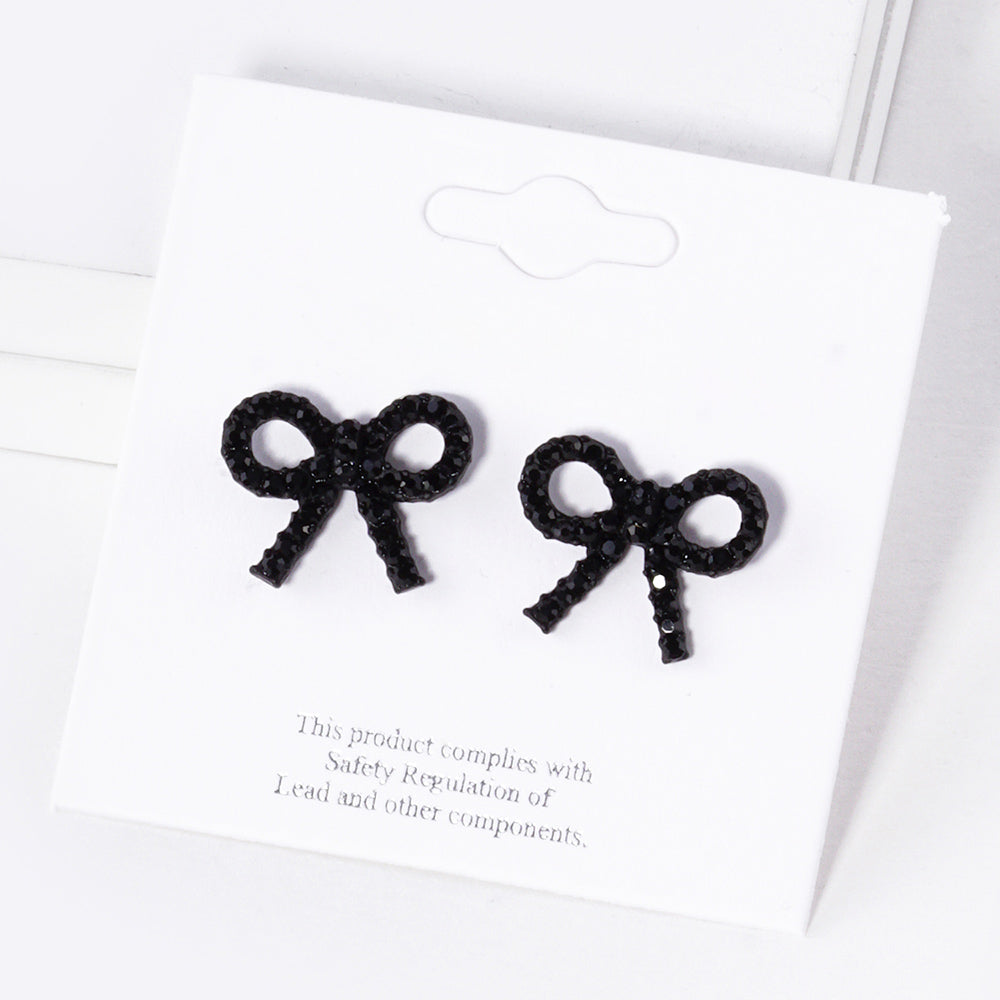 Jet Black Crystal Stone Studded Ribbon Stud Earrings