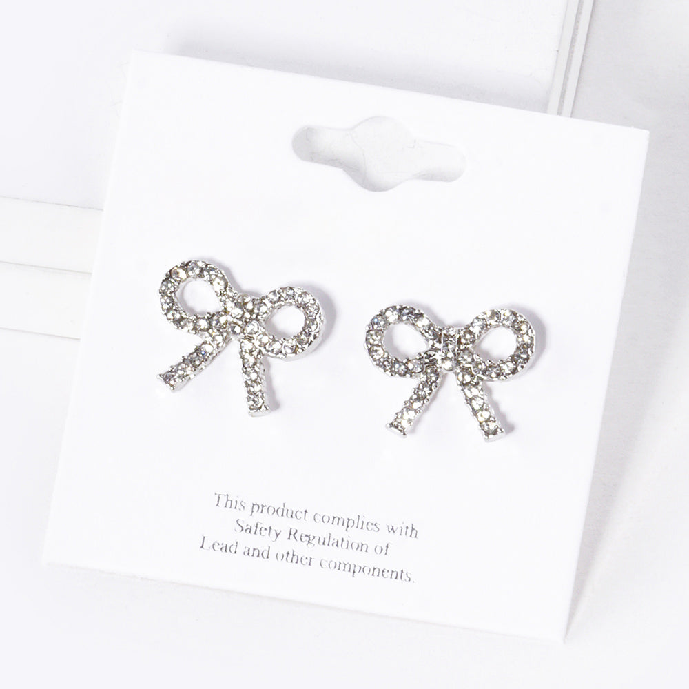 Rhodium Crystal Stone Studded Ribbon Stud Earrings