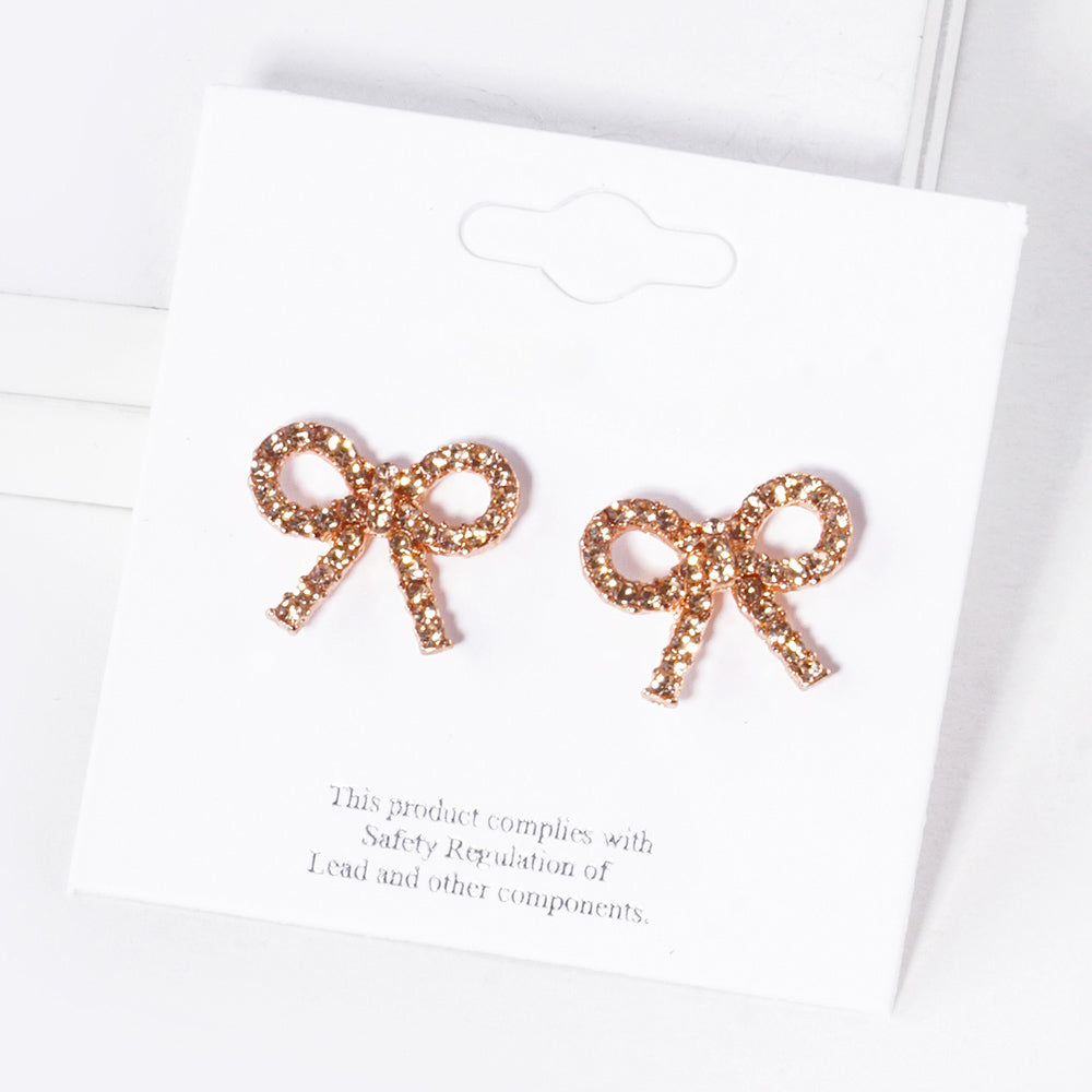 Rose Gold Crystal Stone Studded Ribbon Stud Earrings