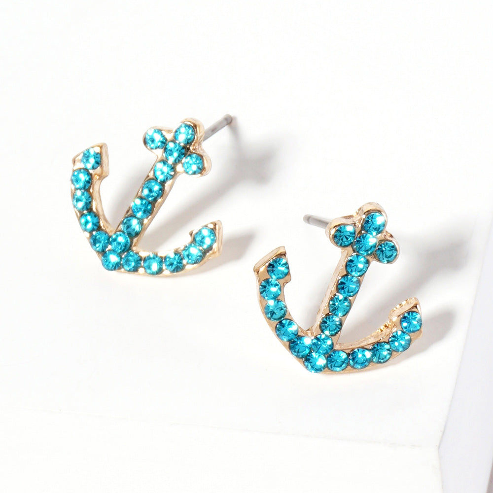 Madeline Love Aqua Crystal Rhinestone Paved Anchor Stud Earrings