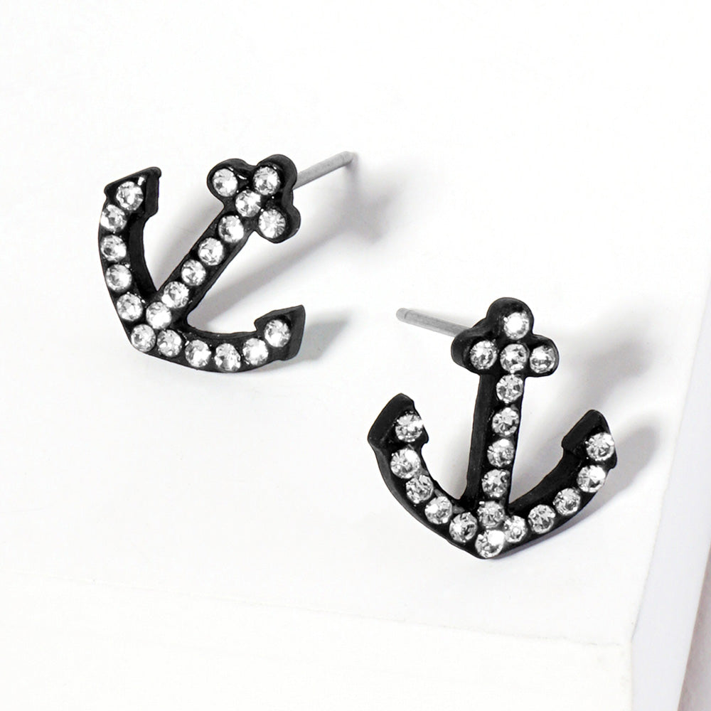 Madeline Love Black, Clear Crystal Rhinestone Paved Anchor Stud Earrings