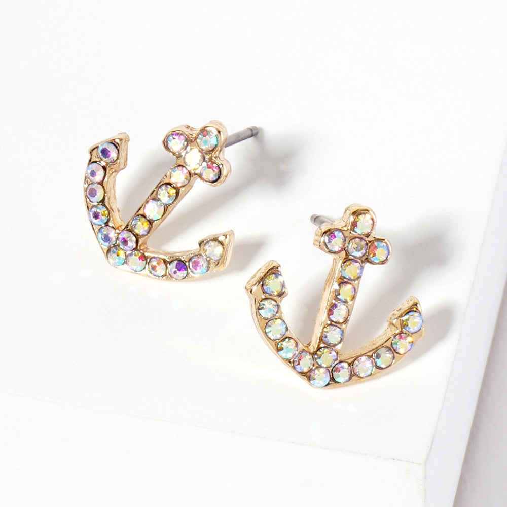 Madeline Love AB, Gold Crystal Rhinestone Paved Anchor Stud Earrings