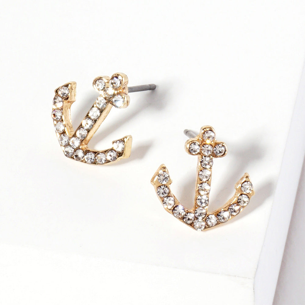 Madeline Love Clear, Gold Crystal Rhinestone Paved Anchor Stud Earrings