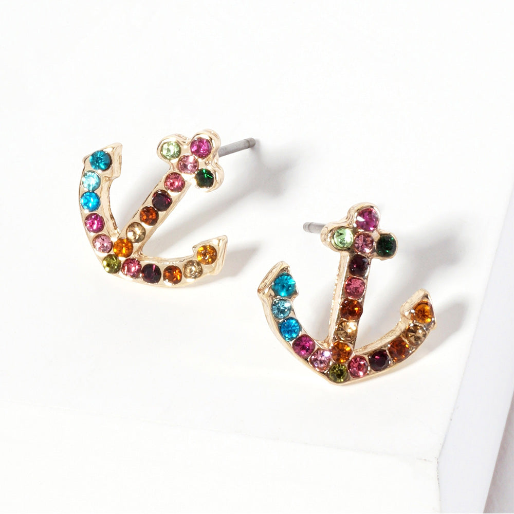 Madeline Love Gold, Multi Crystal Rhinestone Paved Anchor Stud Earrings