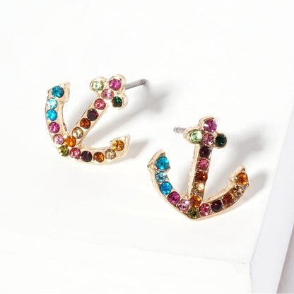 Madeline Love Gold, Multi Crystal Rhinestone Paved Anchor Stud Earrings
