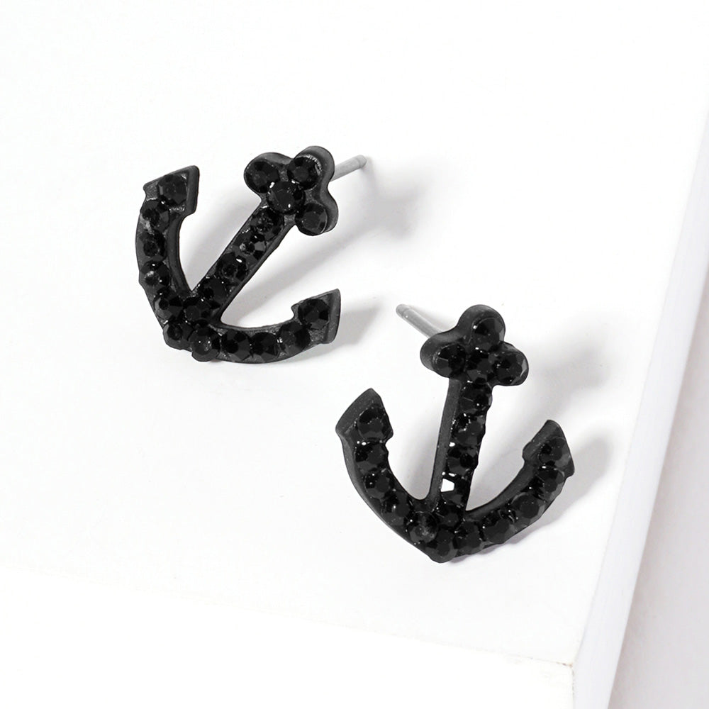 Madeline Love Jet Black Crystal Rhinestone Paved Anchor Stud Earrings
