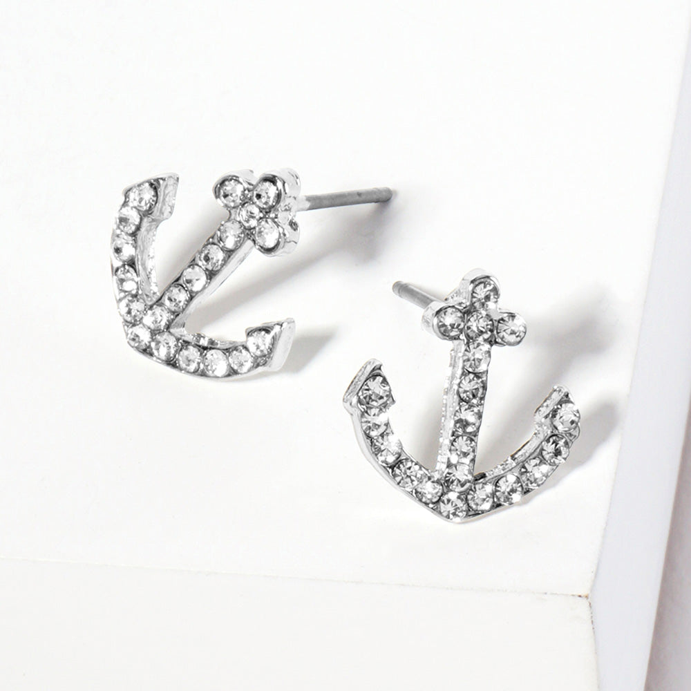 Madeline Love Clear, Rhodium Crystal Rhinestone Paved Anchor Stud Earrings