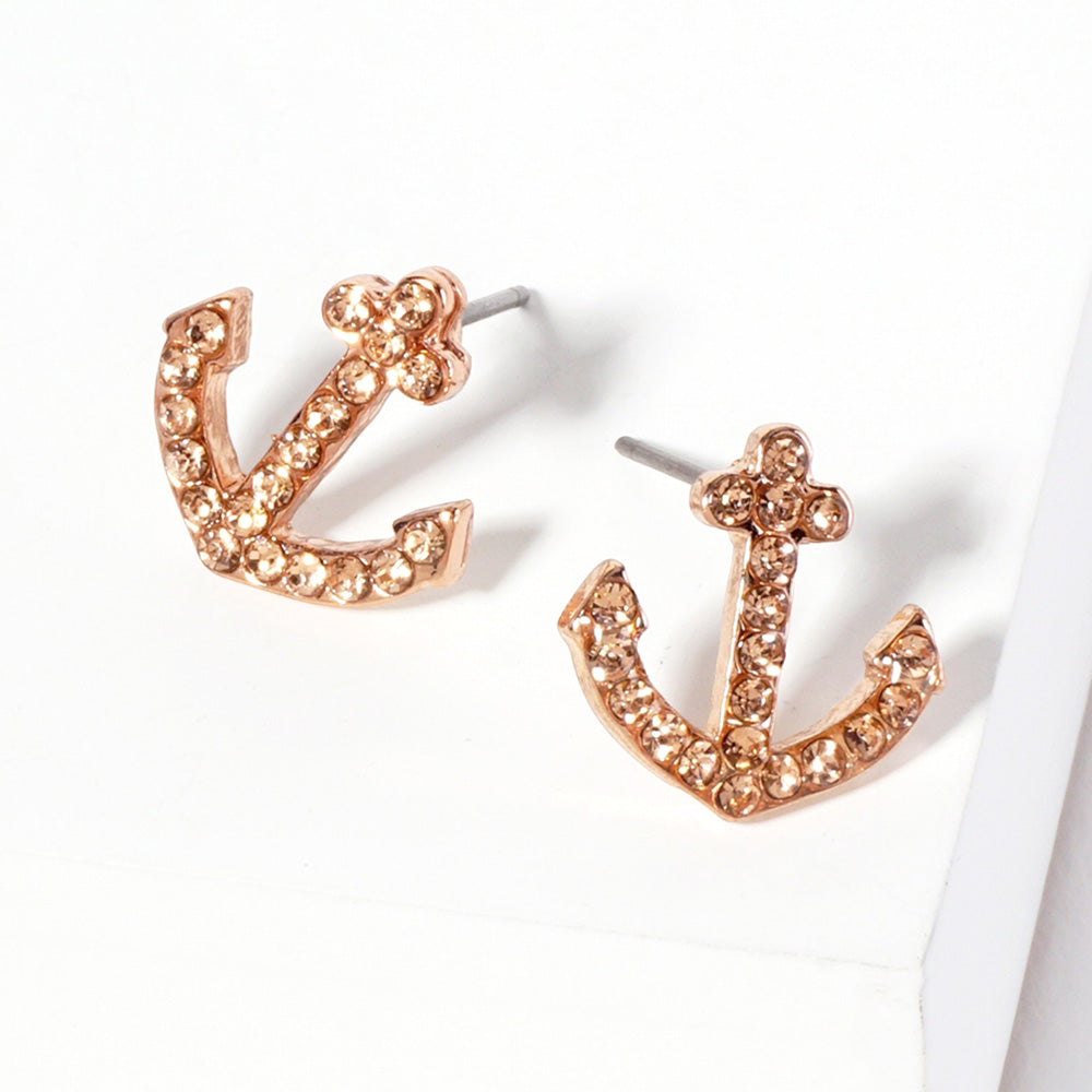Madeline Love Peach, Rose Gold Crystal Rhinestone Paved Anchor Stud Earrings