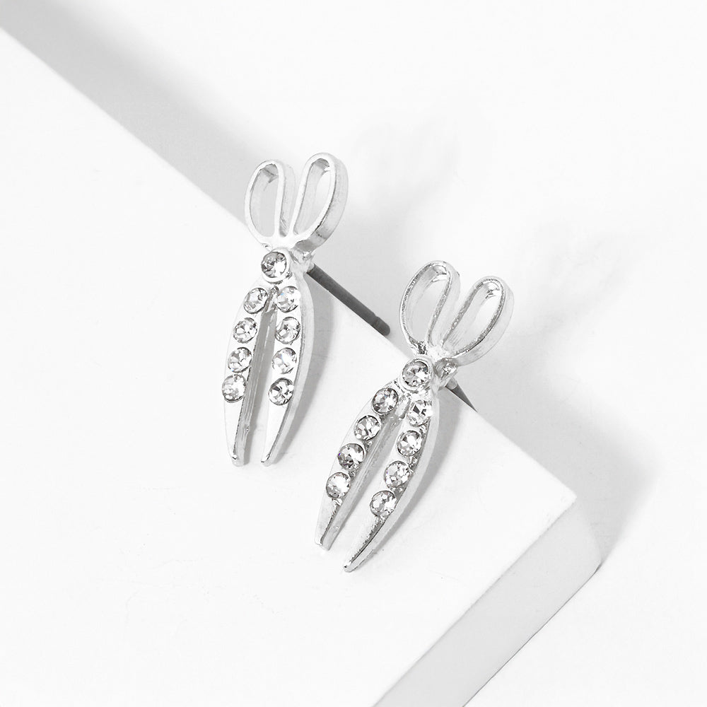 Clear, Rhodium Crystal Paved Scissors Stud Earrings